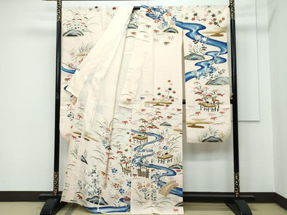 平和屋本店＊希少 夏物 アンティーク 大正ロマン 振袖 絽 渡り橋風景花文 金銀彩 香色地 逸品 CZAA3280s5