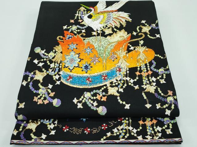 平和屋本店■最高級　龍村平蔵製　太鼓柄　本袋帯　千代の冠錦　黒地　金糸　高島屋扱い　共箱付き　逸品　CZAA3296s5