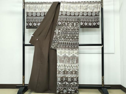 平和屋本店●極上　訪問着　中国三大刺繍　スワトウ刺繍　エジプト壁画文様　暈し染め　金糸　涅色地　逸品　CZAA5788s6