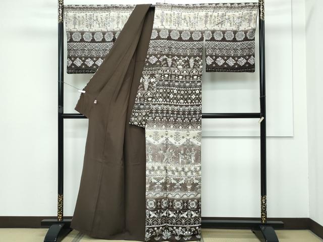 平和屋本店●極上　訪問着　中国三大刺繍　スワトウ刺繍　エジプト壁画文様　暈し染め　金糸　涅色地　逸品　CZAA5788s6