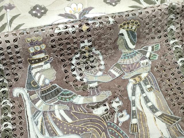 平和屋本店●極上　訪問着　中国三大刺繍　スワトウ刺繍　エジプト壁画文様　暈し染め　金糸　涅色地　逸品　CZAA5788s6
