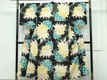 平和屋着物＊極上 夏物 アンティーク 大正ロマン 小紋 絽 流水草花文 黒地 逸品 CZAA3313s5