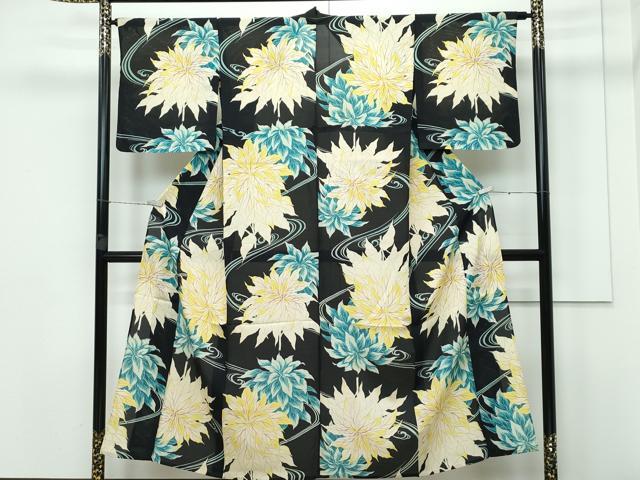 平和屋着物＊極上 夏物 アンティーク 大正ロマン 小紋 絽 流水草花文 黒地 逸品 CZAA3313s5