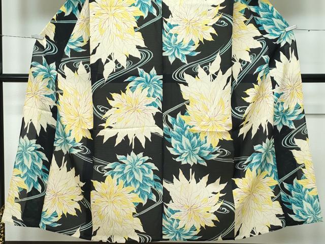 平和屋着物＊極上 夏物 アンティーク 大正ロマン 小紋 絽 流水草花文 黒地 逸品 CZAA3313s5