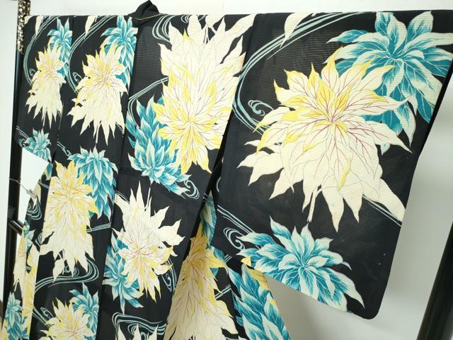 平和屋着物＊極上 夏物 アンティーク 大正ロマン 小紋 絽 流水草花文 黒地 逸品 CZAA3313s5