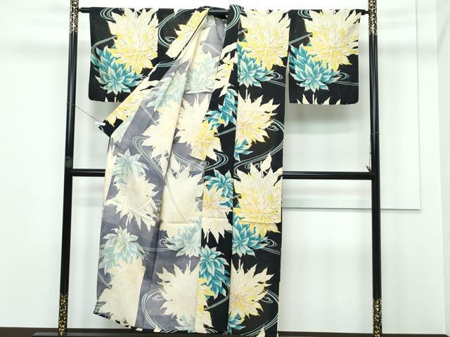 平和屋着物＊極上 夏物 アンティーク 大正ロマン 小紋 絽 流水草花文 黒地 逸品 CZAA3313s5