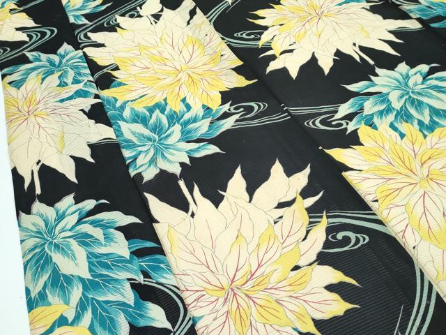 平和屋着物＊極上 夏物 アンティーク 大正ロマン 小紋 絽 流水草花文 黒地 逸品 CZAA3313s5