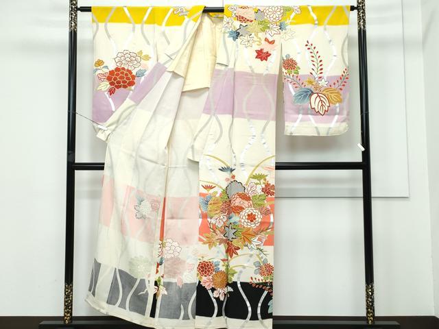 平和屋着物▽極上 アンティーク 大正ロマン 訪問着 単衣 駒刺繍 立涌