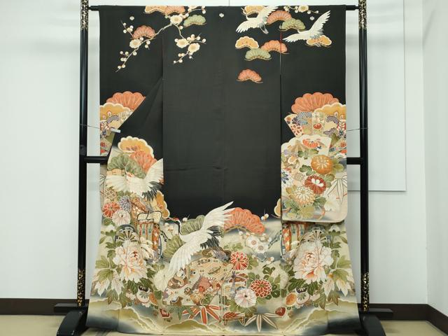 平和屋着物■極上　アンティーク　大正ロマン　振袖　駒刺繍　御所車檜扇花文　暈し染め　黒地　金彩　逸品　CZAA3325s5