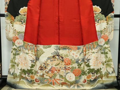 平和屋着物■極上　アンティーク　大正ロマン　振袖　駒刺繍　御所車檜扇花文　暈し染め　黒地　金彩　逸品　CZAA3325s5