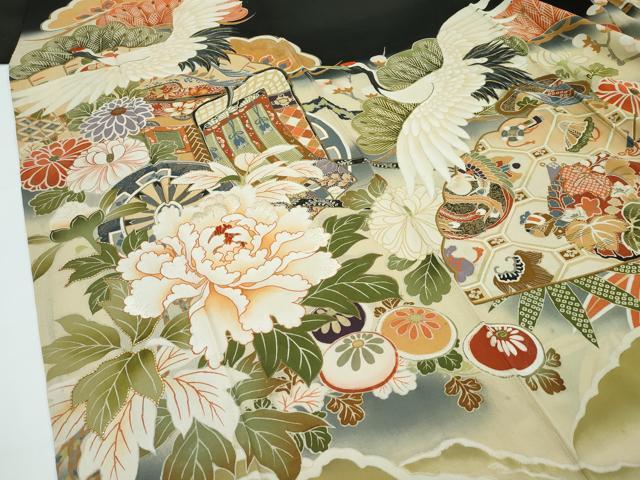 平和屋着物■極上　アンティーク　大正ロマン　振袖　駒刺繍　御所車檜扇花文　暈し染め　黒地　金彩　逸品　CZAA3325s5