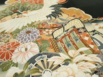 平和屋着物■極上　アンティーク　大正ロマン　振袖　駒刺繍　御所車檜扇花文　暈し染め　黒地　金彩　逸品　CZAA3325s5