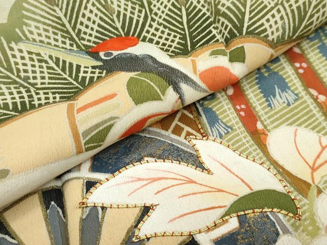 平和屋着物■極上　アンティーク　大正ロマン　振袖　駒刺繍　御所車檜扇花文　暈し染め　黒地　金彩　逸品　CZAA3325s5