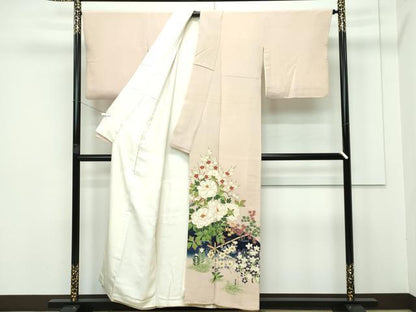 平和屋本店■極上　浦野理一　金彩友禅　色留袖　草花文　金彩　鬼しぼ縮緬　白茶色地　逸品　CZAA3327s5