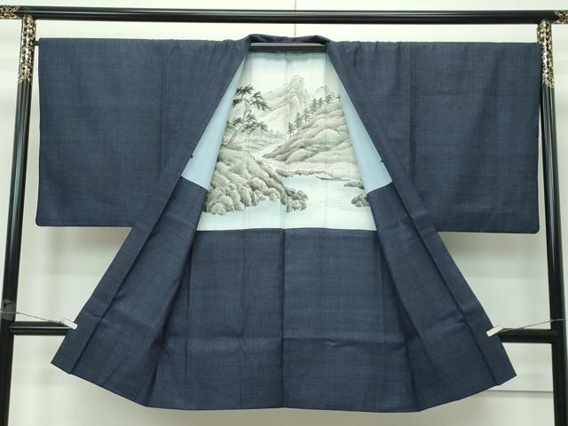 平和屋本店■極上　男性　本場結城紬　重要無形文化財　長羽織　120亀甲　濃紺地　反端付き　逸品　CZAA3372s5