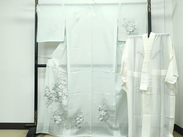 平和屋本店＊極上 夏物 訪問着・長襦袢セット 絽 総刺繍 中国三大刺繍 スワトウ相良刺繍 草花文 白緑色地 鈴乃屋扱 逸品 未使用 CZAA3411s5
