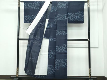 平和屋着物■極上　夏物　絹芭蕉　市松草花文　藍鉄色地　逸品　未使用　CZAA3414s5