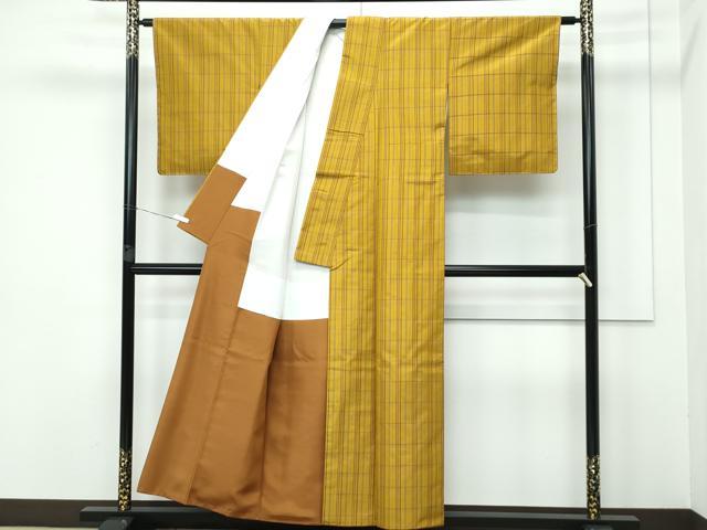 平和屋着物●極上　本場黄八丈　平織　紬　伝統工芸士　西條吉広　山下収古　手織　格子柄　証紙付き　逸品　CZAA3416s5