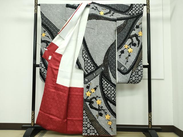 平和屋着物○極上 振袖 総絞り 駒刺繍 巻絵枝梅文 逸品