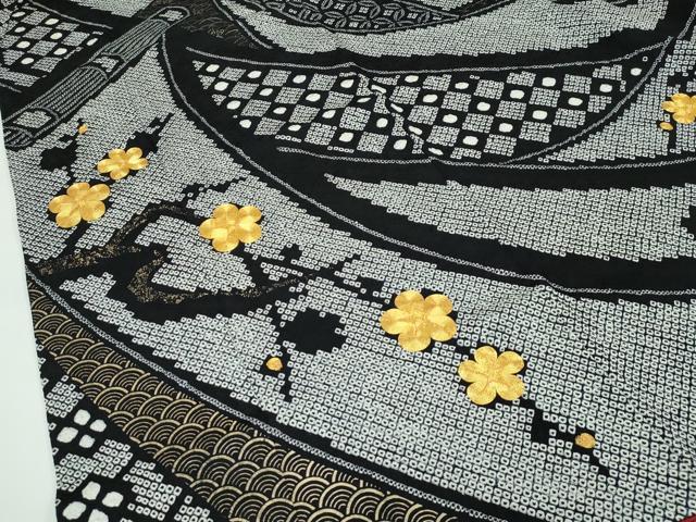 平和屋本店●極上　振袖　総絞り　束ね熨斗花文　黒地　金彩　逸品　CYAA4643s6 平和屋本店□極上 振袖・長襦袢(無双仕立て・半衿刺繍)・袋帯セット 総