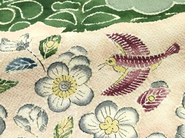 平和屋本店■超希少　東京友禅　久呂田明功　太鼓柄袋帯　辻が花　花鳥文　鬼しぼ縮緬　麹塵色地　逸品　CZAA3448s5