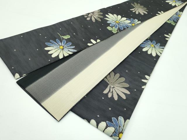 平和屋着物●極上　両面　半幅帯　紬地　菊　間道　墨色地　逸品　未使用　CZAA3469s5
