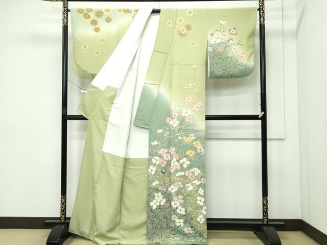 F-255 訪問着 京友禅 地紙 草花 金彩 銀彩 茶緑色 染め分け 暈し 美品 平和屋着物○極上 京友禅作家 高瀬川美紀 訪問着 草花文 暈