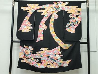 平和屋着物■極上　七五三　女の子　7歳　祝着　友禅　エ霞花車文　黒地　金彩　逸品　CZAA3511s5