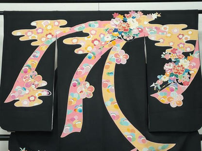 平和屋着物■極上　七五三　女の子　7歳　祝着　友禅　エ霞花車文　黒地　金彩　逸品　CZAA3511s5