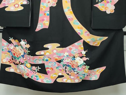 平和屋着物■極上　七五三　女の子　7歳　祝着　友禅　エ霞花車文　黒地　金彩　逸品　CZAA3511s5
