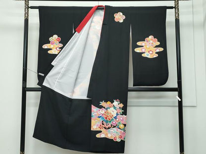 平和屋着物■極上　七五三　女の子　7歳　祝着　友禅　エ霞花車文　黒地　金彩　逸品　CZAA3511s5