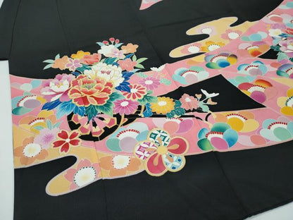 平和屋着物■極上　七五三　女の子　7歳　祝着　友禅　エ霞花車文　黒地　金彩　逸品　CZAA3511s5