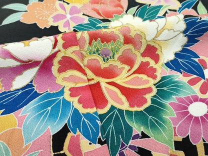 平和屋着物■極上　七五三　女の子　7歳　祝着　友禅　エ霞花車文　黒地　金彩　逸品　CZAA3511s5