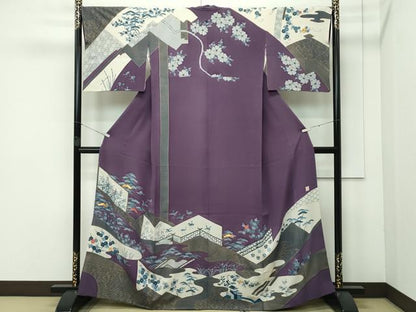 平和屋本店■極上　人間国宝　五代　田畑喜八　訪問着　駒刺繍　飛鶴風景花文　金彩　葡萄鼠色地　逸品　CZAA3530s5