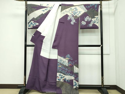 平和屋本店■極上　人間国宝　五代　田畑喜八　訪問着　駒刺繍　飛鶴風景花文　金彩　葡萄鼠色地　逸品　CZAA3530s5
