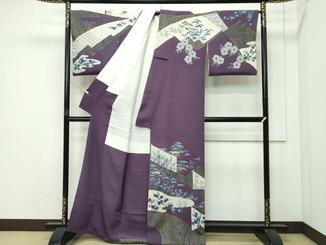 平和屋本店■極上　人間国宝　五代　田畑喜八　訪問着　駒刺繍　飛鶴風景花文　金彩　葡萄鼠色地　逸品　CZAA3530s5