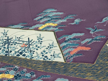 平和屋本店■極上　人間国宝　五代　田畑喜八　訪問着　駒刺繍　飛鶴風景花文　金彩　葡萄鼠色地　逸品　CZAA3530s5