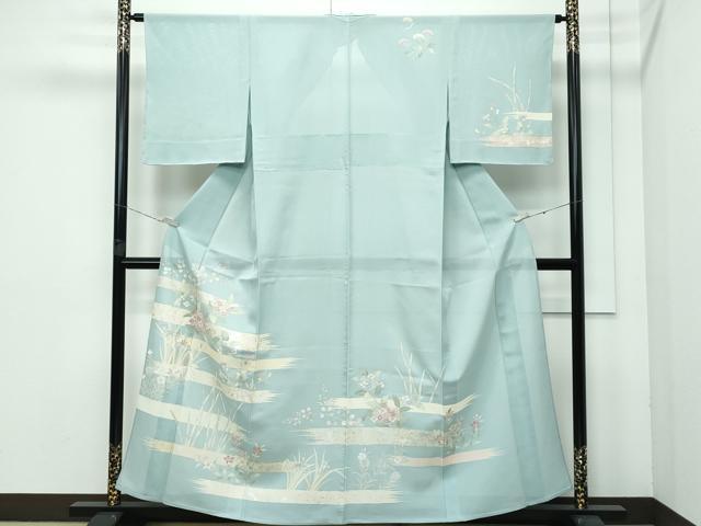 平和屋着物＊極上 夏物 訪問着 絽 草花霞文 銀彩 青白橡色地 逸品 未使用 CZAA3571s5