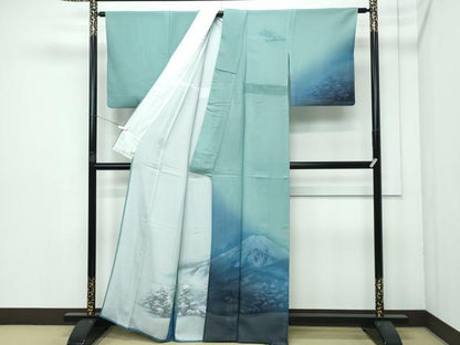 平和屋着物▽極上 訪問着 無双 紗袷 紗×絽 手描き 遠山樹林文 暈し染め 薄青色地 さが美扱い 逸品 CZAA3574s5