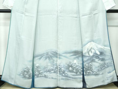 平和屋着物▽極上 訪問着 無双 紗袷 紗×絽 手描き 遠山樹林文 暈し染め 薄青色地 さが美扱い 逸品 CZAA3574s5