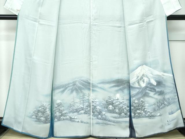 平和屋着物▽極上 訪問着 無双 紗袷 紗×絽 手描き 遠山樹林文 暈し染め 薄青色地 さが美扱い 逸品 CZAA3574s5