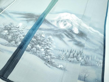 平和屋着物▽極上 訪問着 無双 紗袷 紗×絽 手描き 遠山樹林文 暈し染め 薄青色地 さが美扱い 逸品 CZAA3574s5
