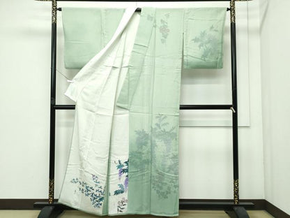 平和屋着物▽極上 訪問着 無双 紗袷 紗×絽 手描き 藤花房 暈し染め 柳茶色地 逸品 CZAA3575s5