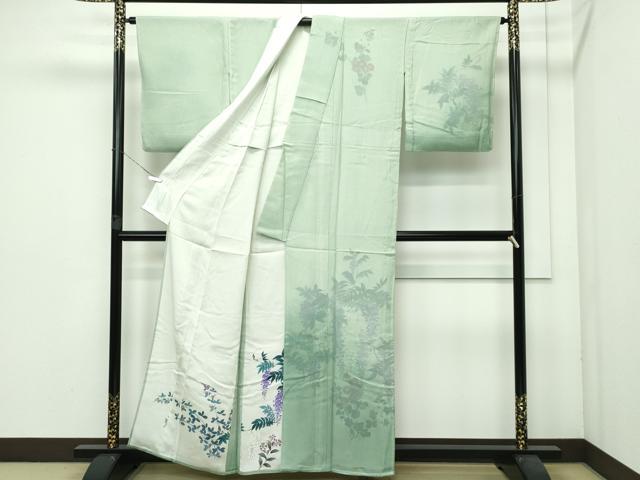 平和屋着物▽極上 訪問着 無双 紗袷 紗×絽 手描き 藤花房 暈し染め 柳茶色地 逸品 CZAA3575s5