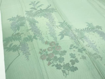 平和屋着物▽極上 訪問着 無双 紗袷 紗×絽 手描き 藤花房 暈し染め 柳茶色地 逸品 CZAA3575s5