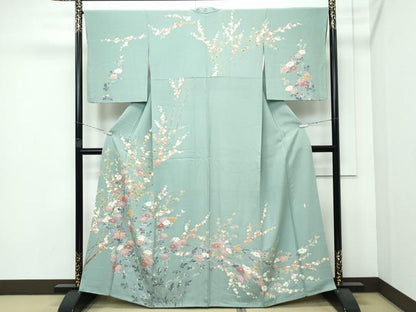平和屋着物■極上　訪問着　友禅　作家物　枝花紋　山葵色地　逸品　CZAA3578s5