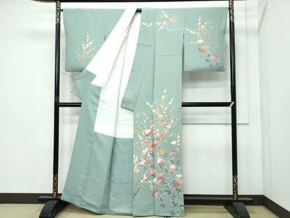 平和屋着物■極上　訪問着　友禅　作家物　枝花紋　山葵色地　逸品　CZAA3578s5