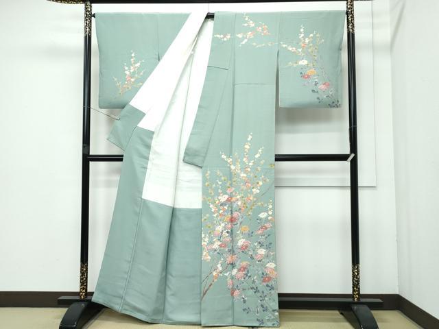 平和屋着物■極上　訪問着　友禅　作家物　枝花紋　山葵色地　逸品　CZAA3578s5