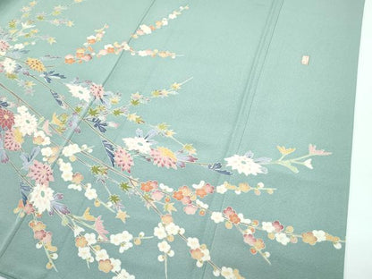 平和屋着物■極上　訪問着　友禅　作家物　枝花紋　山葵色地　逸品　CZAA3578s5