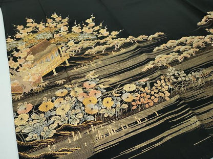 平和屋着物●極上　金彩友禅　卓越技能者・名工・和田光正　黒留袖　草花風景文　金彩　逸品　CZAA3589s5